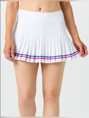 Lija Pleated White Tennis Skirt with Pink & Blue Stripe